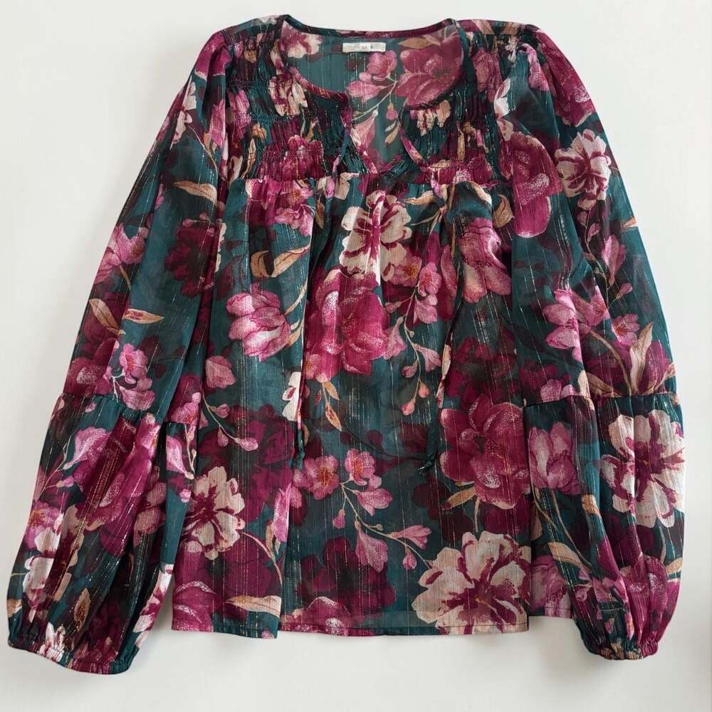 Maurices Women's Floral Print Long Sleeve Blouson Sleeve Blouse Size M